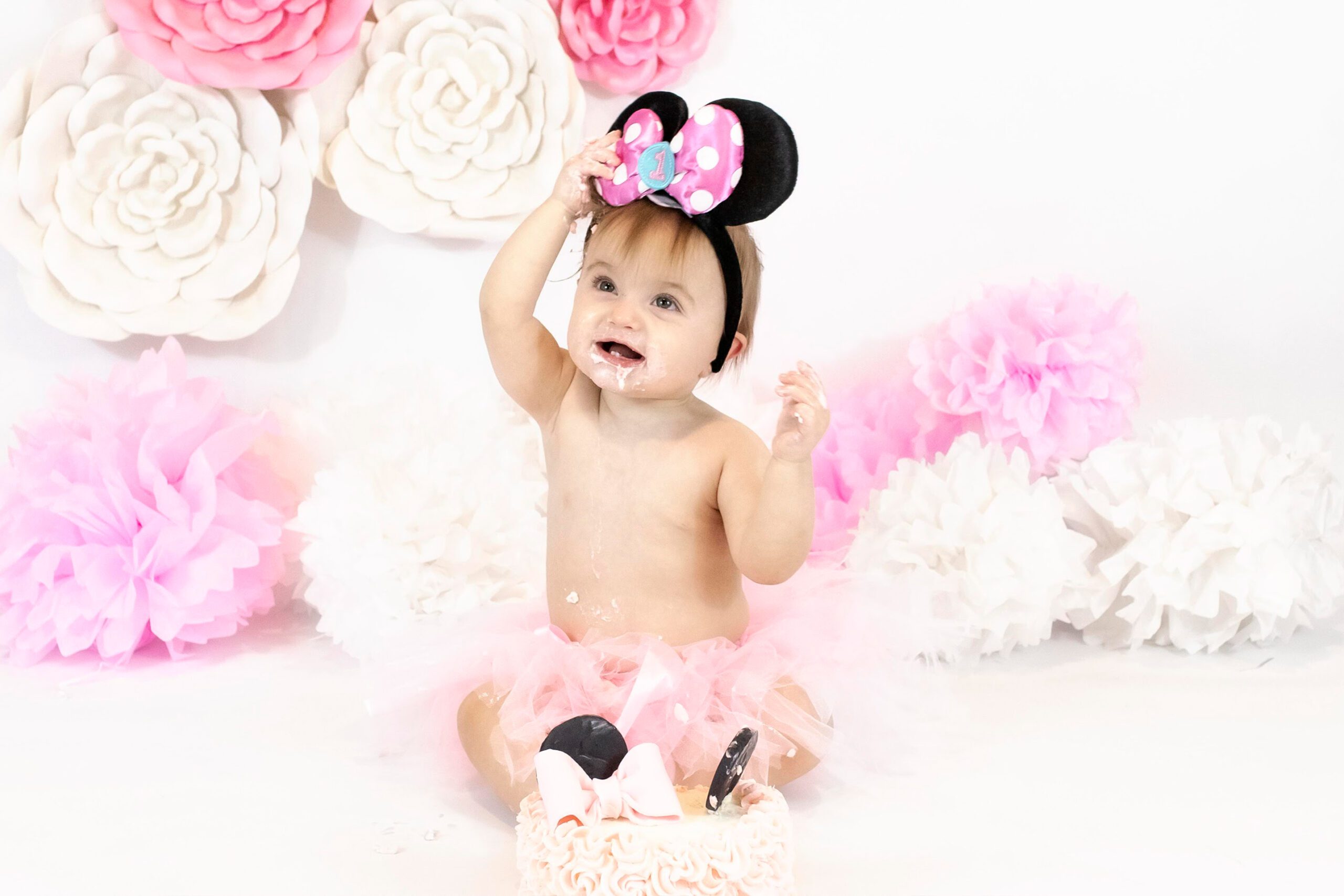cake smash, first birthday, pink, Minnie ears