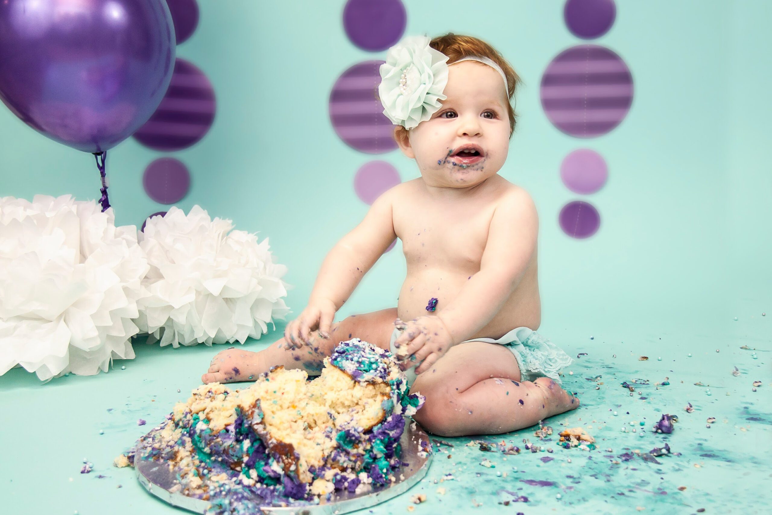 cake smash, first birthday, teal, purple